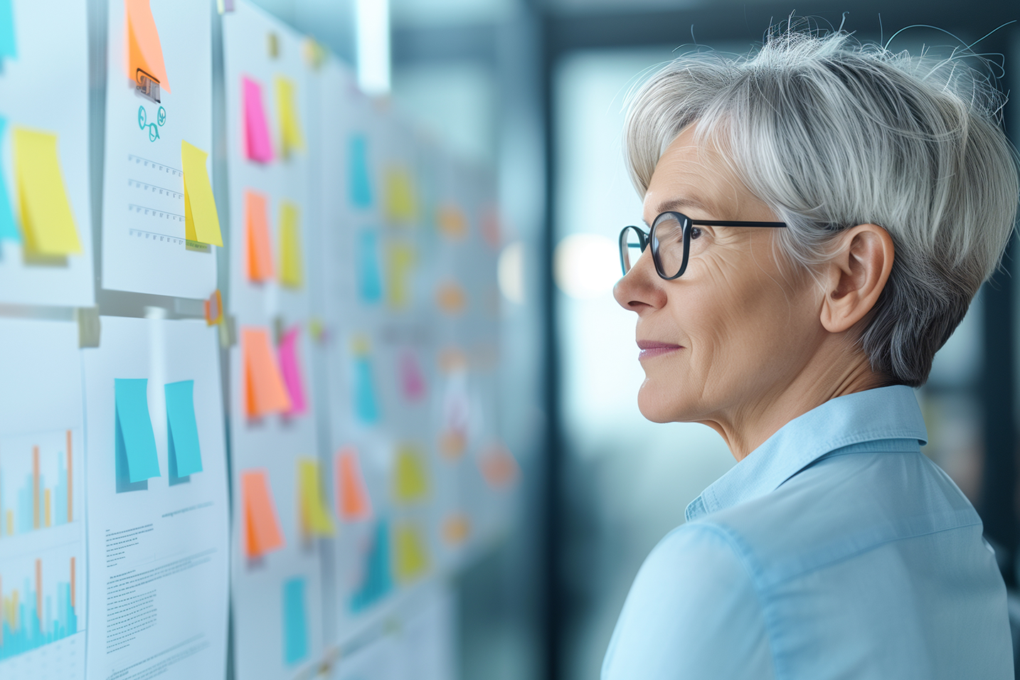 Businesswoman looking at sticky notes